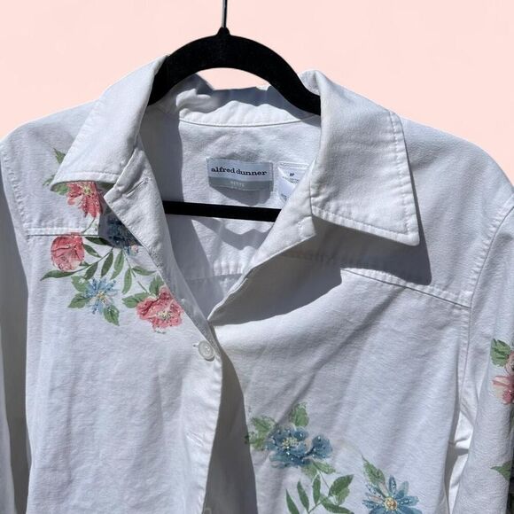 Vintage Alfred Dunner Floral Embroidered Jacket - Size M - White Denim Button Up - Picture 3 of 7